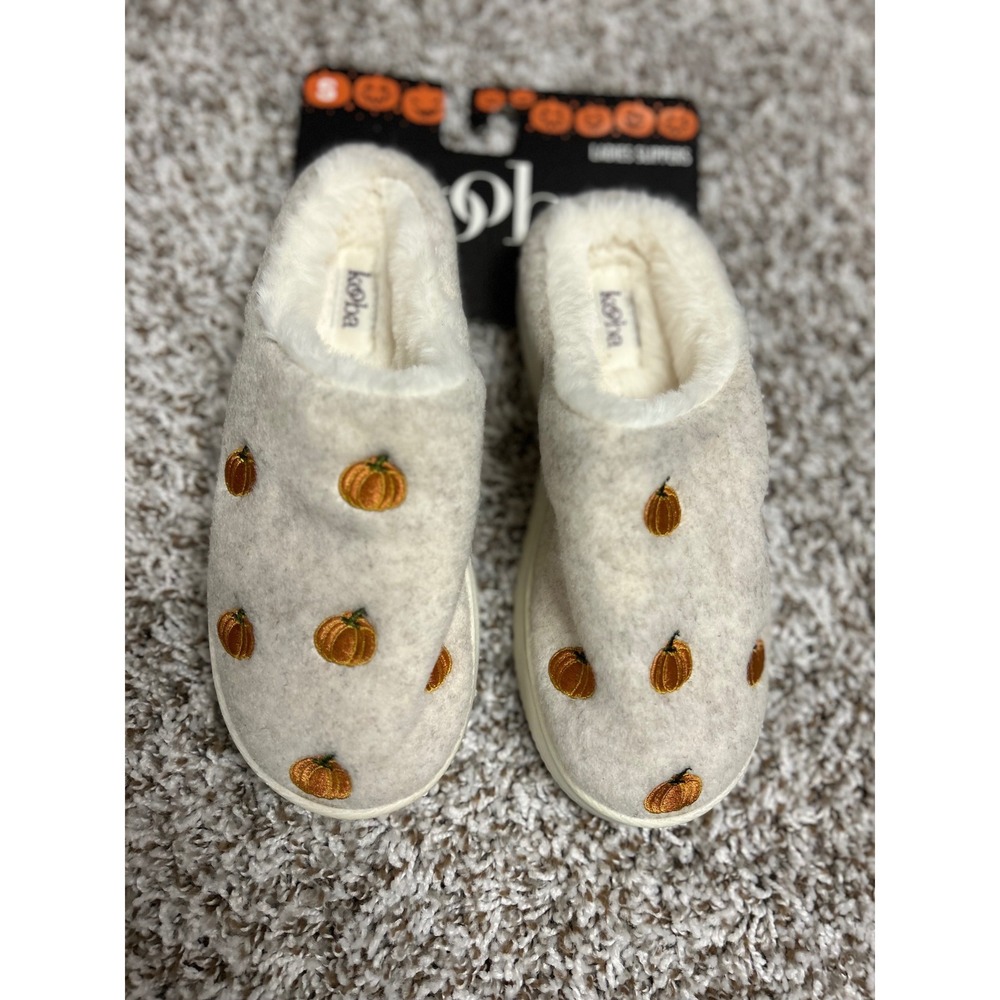 Kooba Womens Embroidered Pumpkin Slippers Faux Fur Lined Oatmeal Gray S 5-6 NEW